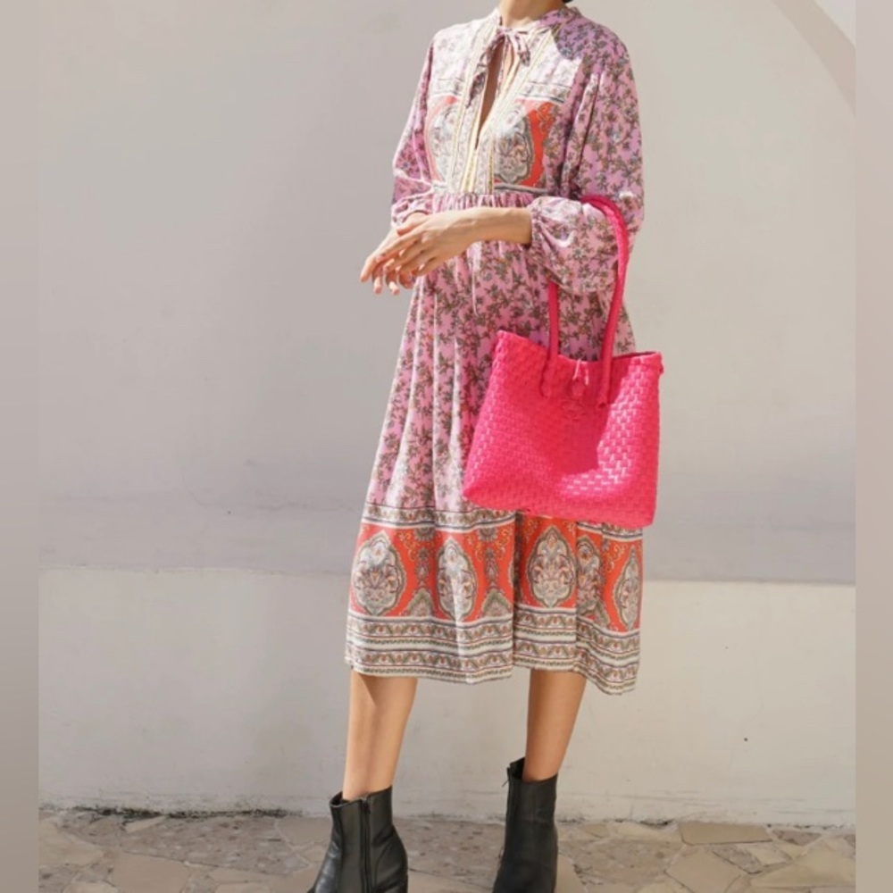 New! Pink Haley Darla Recycled Plastic Woven Tote - Neon Pink